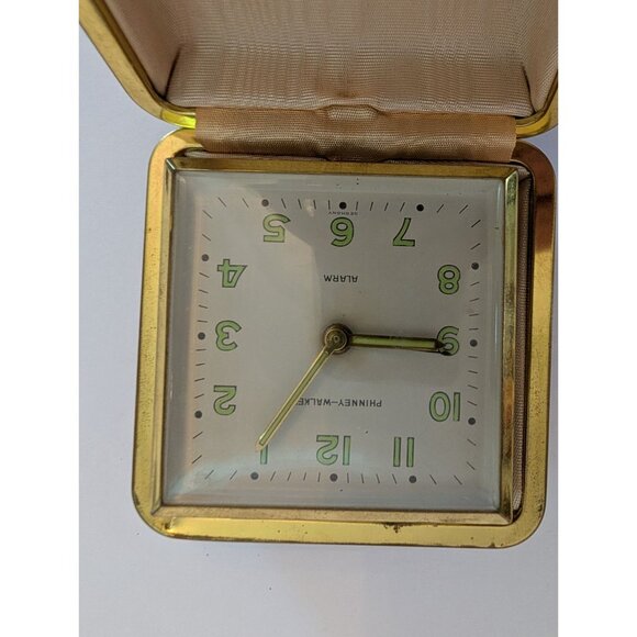 Vintage Phinney-Walker Travel Alarm Clock Gold & Brown Folding Case - Picture 2 of 7